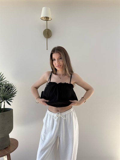 Askı Ayarlı İç Astarlı Balon Tensel Bluz Siyah 2283