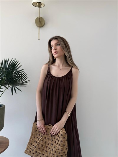 Askı Ayarlı Keten İç Astarlı Salaş Elbise Kahve  2298