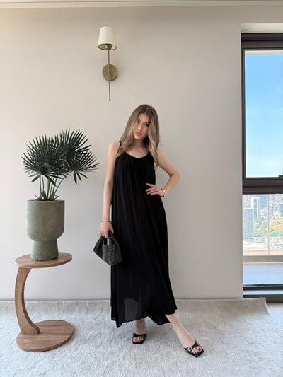 Askı Ayarlı Keten İç Astarlı Salaş Elbise Siyah 2298