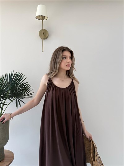 Askı Ayarlı Keten İç Astarlı Salaş Elbise Kahve  2298