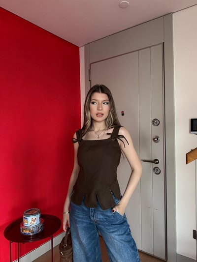 Askı Bağlama Bel Korse Detay Bluz Acı Kahve 2200