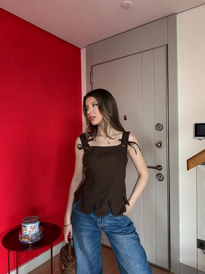 Askı Bağlama Bel Korse Detay Bluz Acı Kahve 2200