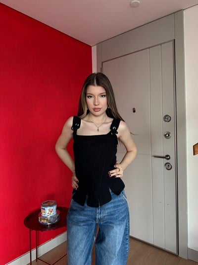 Askı Bağlama Bel Korse Detay Bluz Siyah 2200