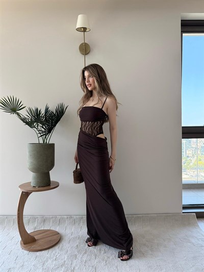 Askı Bağlama Dantel Detay Uzun Sandy Elbise Acı Kahve 2231