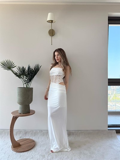 Askı Bağlama Dantel Detay Uzun Sandy Elbise Beyaz 2231