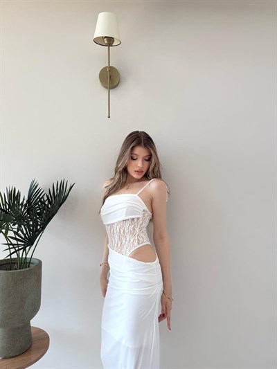 Askı Bağlama Dantel Detay Uzun Sandy Elbise Beyaz 2231