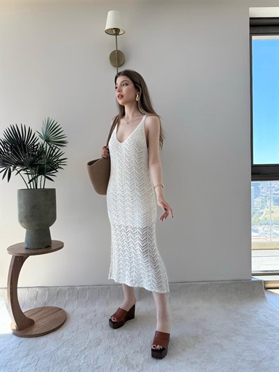 Askılı Astarlı Triko Dantel Elbise Kırık Beyaz 2318