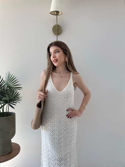 Askılı Astarlı Triko Dantel Elbise Kırık Beyaz 2318