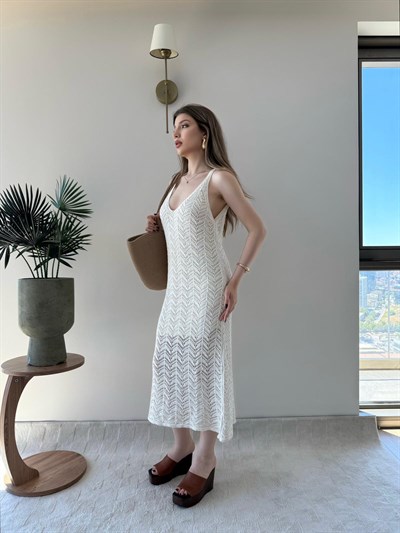 Askılı Astarlı Triko Dantel Elbise Kırık Beyaz 2318