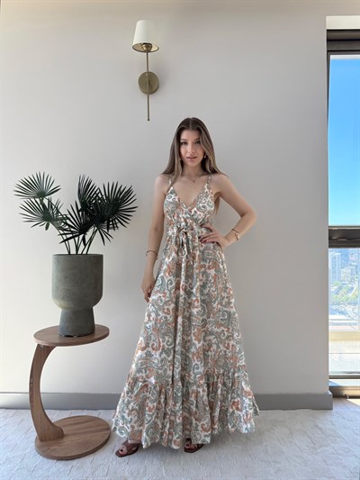 Askılı Bel Bağlama Detay Sırt Gipeli Desenli Uzun Elbise Haki 2339