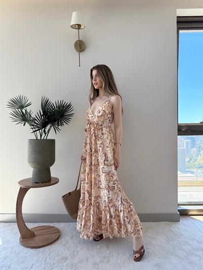 Askılı Bel Bağlama Detay Sırt Gipeli Desenli Uzun Elbise Turuncu 2339