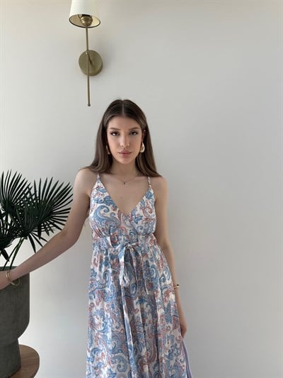 Askılı Bel Bağlama Detay Sırt Gipeli Desenli Uzun Elbise Mavi 2339