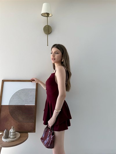 Askılı Bel Drape Detay Şortlu Elbise Bordo 2304