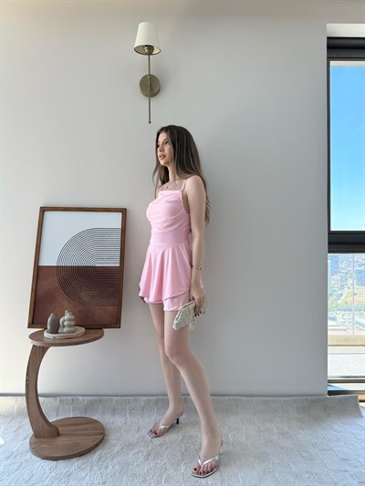 Askılı Bel Drape Detay Şortlu Elbise Pembe 2304