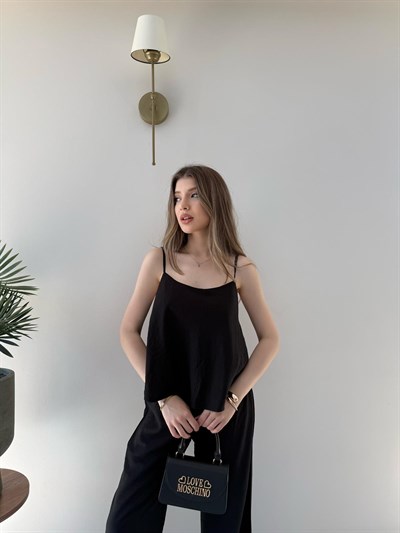 Askılı Bluz ve Pantolonlu Çilek İkili Takım Siyah 2316
