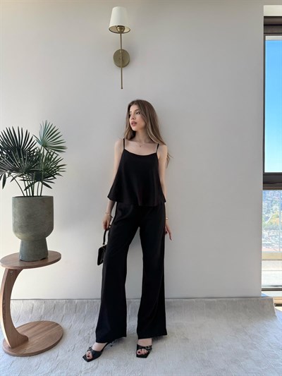 Askılı Bluz ve Pantolonlu Çilek İkili Takım Siyah 2316