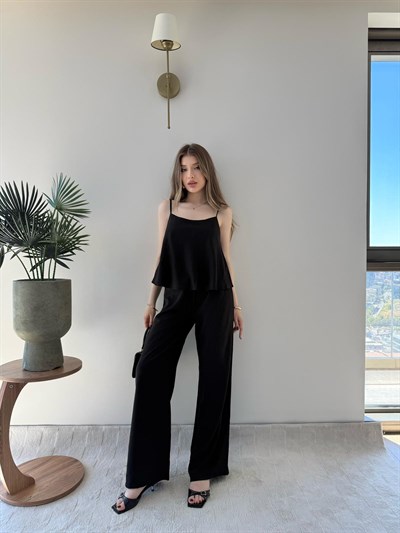 Askılı Bluz ve Pantolonlu Çilek İkili Takım Siyah 2316