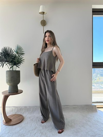 Askılı Bluz ve Pantolonlu Çilek İkili Takım Vizon 2316