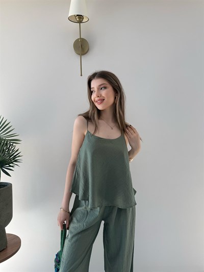 Askılı Bluz ve Pantolonlu Çilek İkili Takım Yeşil 2316