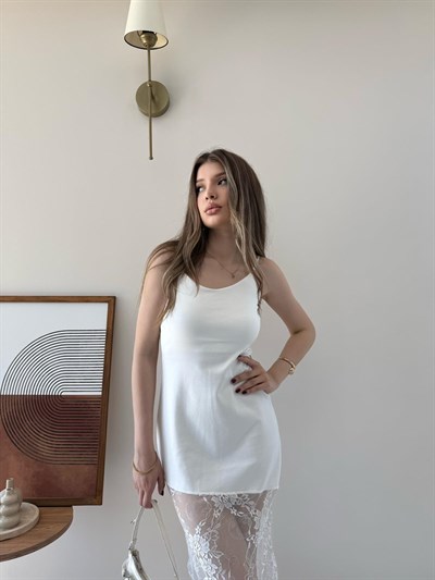 Askılı Etek Dantel Detay Elbise Beyaz 2295