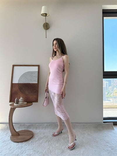 Askılı Etek Dantel Detay Elbise Pembe 2295