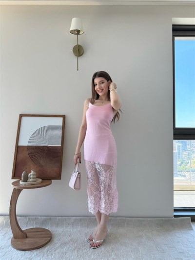 Askılı Etek Dantel Detay Elbise Pembe 2295