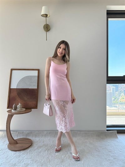 Askılı Etek Dantel Detay Elbise Pembe 2295