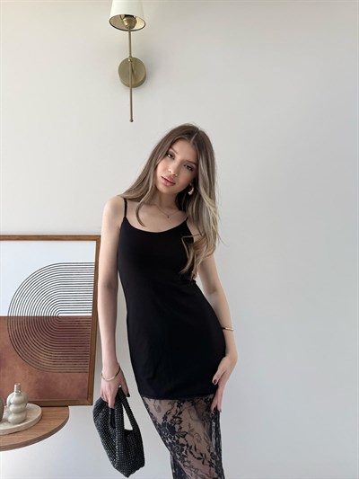 Askılı Etek Dantel Detay Elbise Siyah 2295