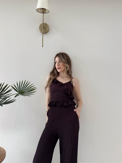 Askılı Fırfırlı Bluz ve Pantolonlu İkili Gofre Takım Mürdüm 2125
