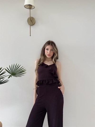 Askılı Fırfırlı Bluz ve Pantolonlu İkili Gofre Takım Mürdüm 2125