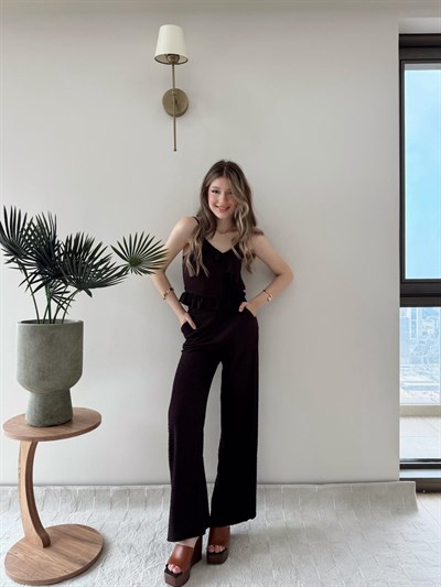 Askılı Fırfırlı Bluz ve Pantolonlu İkili Gofre Takım Mürdüm 2125