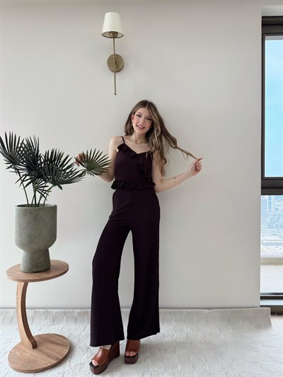 Askılı Fırfırlı Bluz ve Pantolonlu İkili Gofre Takım Mürdüm 2125
