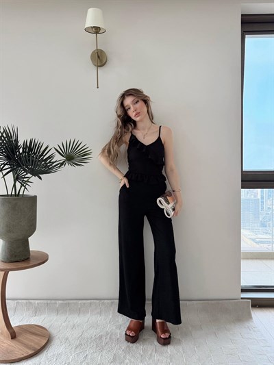 Askılı Fırfırlı Bluz ve Pantolonlu İkili Gofre Takım Siyah 2125