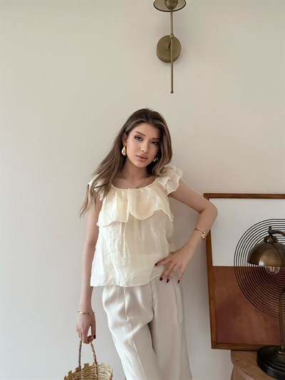 Askılı Kat Kat İç Astarlı Keten Bluz Ekru 2345