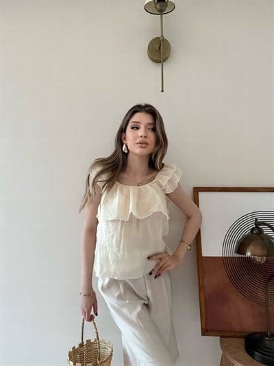 Askılı Kat Kat İç Astarlı Keten Bluz Ekru 2345