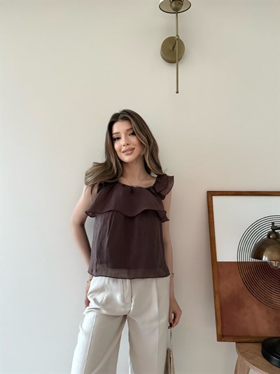 Askılı Kat Kat İç Astarlı Keten Bluz Kahve 2345