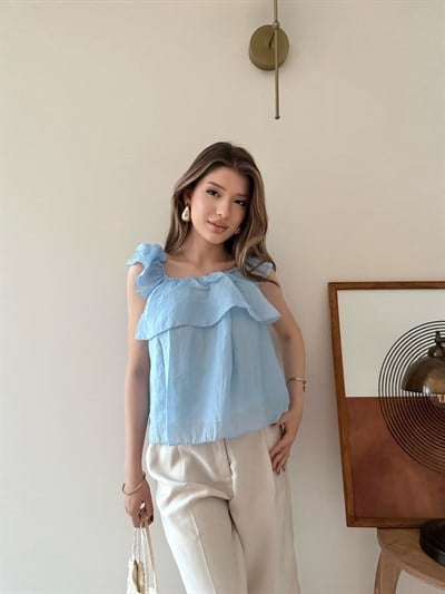 Askılı Kat Kat İç Astarlı Keten Bluz Mavi 2345