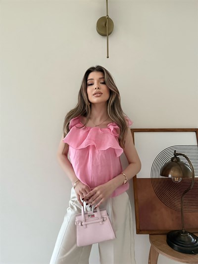 Askılı Kat Kat İç Astarlı Keten Bluz Pembe 2345