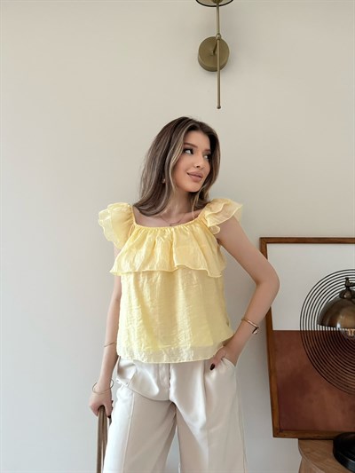 Askılı Kat Kat İç Astarlı Keten Bluz Sarı 2345
