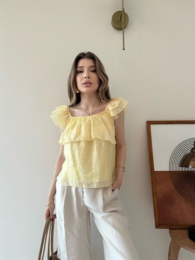Askılı Kat Kat İç Astarlı Keten Bluz Sarı 2345