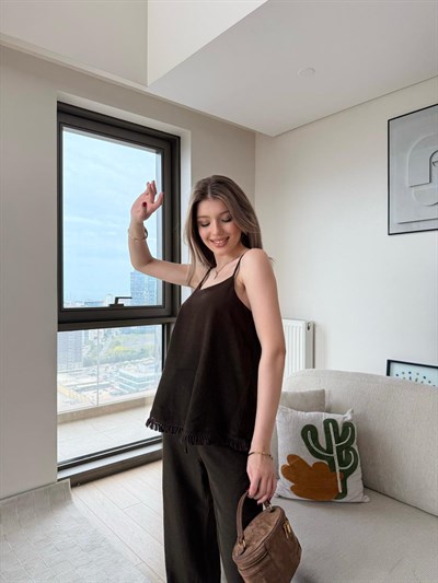 Askılı Püskül Detay Bluz ve Pantolonlu Keten İkili Takım Acı Kahve 2220