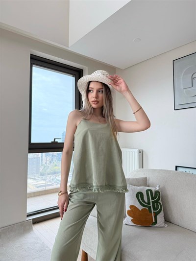 Askılı Püskül Detay Bluz ve Pantolonlu Keten İkili Takım Yeşil 2220