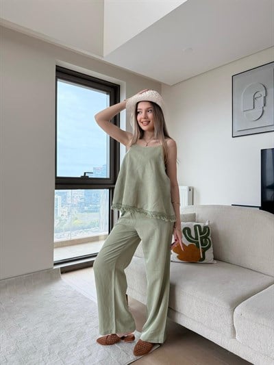 Askılı Püskül Detay Bluz ve Pantolonlu Keten İkili Takım Yeşil 2220