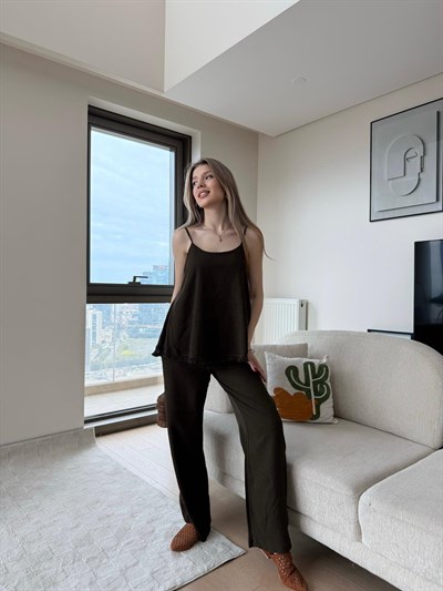 Askılı Püskül Detay Bluz ve Pantolonlu Keten İkili Takım Acı Kahve 2220
