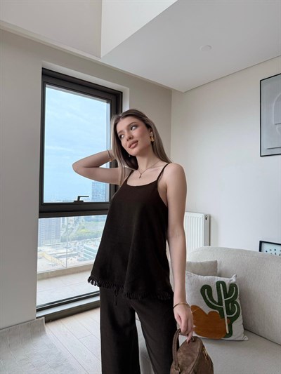 Askılı Püskül Detay Bluz ve Pantolonlu Keten İkili Takım Acı Kahve 2220