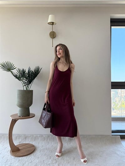 Askılı Salaş Yırtmaçlı Modal Elbise Bordo 2240