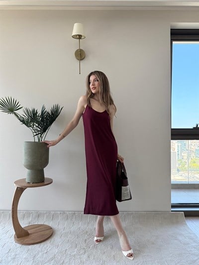 Askılı Salaş Yırtmaçlı Modal Elbise Bordo 2240