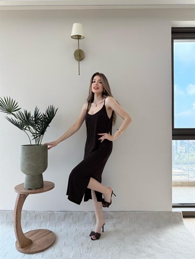 Askılı Salaş Yırtmaçlı Modal Elbise Kahve 2240