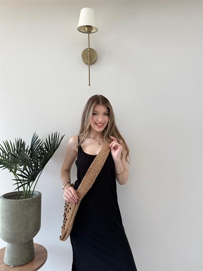 Askılı Salaş Yırtmaçlı Modal Elbise Siyah 2240