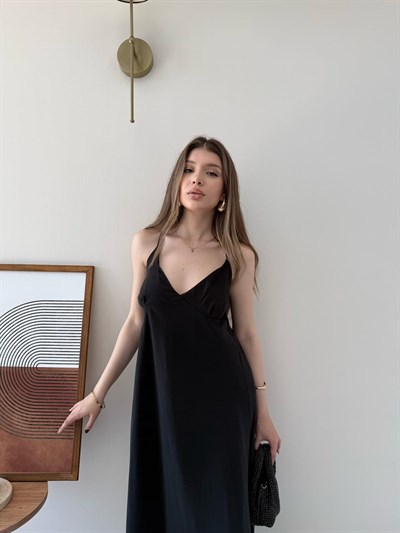 Askılı Sırt Çapraz Detay Midiboy Tensel Modal Elbise Siyah 2293